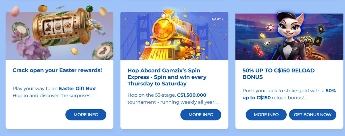 Casino promotions section with three bonus cards featuring Easter rewards, a Gamzix Spin Express tournament, and a 50% reload bonus on a light blue background.