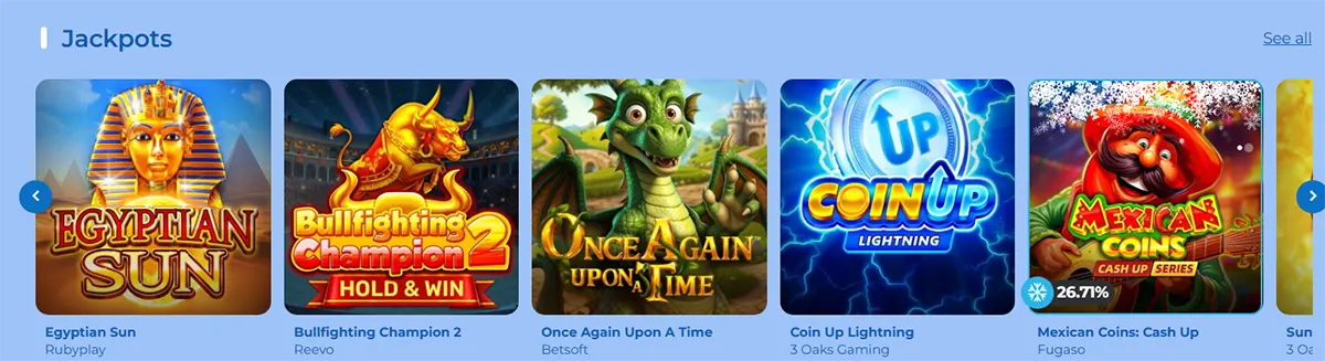 Jackpots game carousel featuring Egyptian Sun, Bullfighting Champion 2, Once Again Upon a Time, Coin Up Lightning, and Mexican Coins: Cash Up on a light blue casino interface.