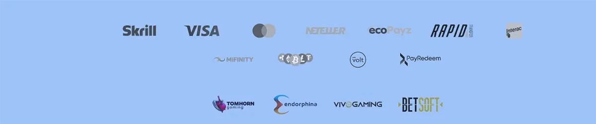 Light blue footer section displaying payment method logos such as Skrill, Visa, Mastercard, Neteller, ecoPayz, Rapid Transfer, Interac, MiFinity, cryptocurrency icons, Volt, and PayRedeem, along with game provider logos including Tom Horn Gaming, Endorphina, Vivo Gaming, and Betsoft.