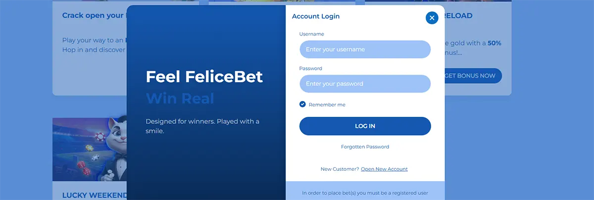 Casino login popup with username and password fields, a blue log-in button, and FeliceBet branding on a light blue promotional background.